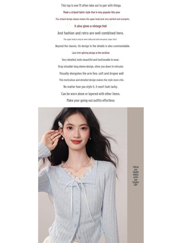 Kumikumi Women's Chic Blue Lace Tie-Up Long Sleeve Autumn Two-Piece Slimming T-Shirt