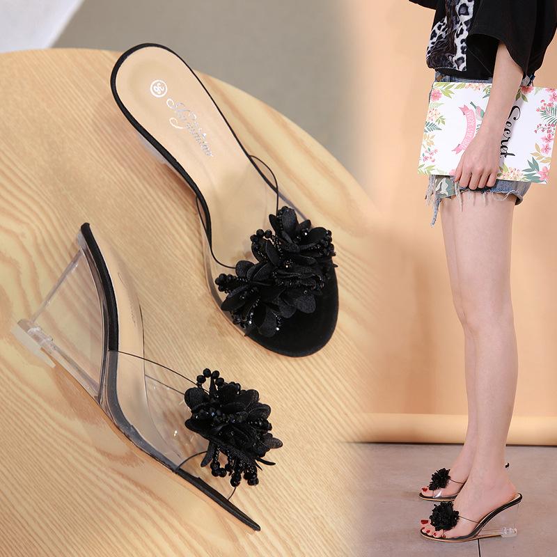 fashion Summer Transparent Slippers Women Sandals Shoes Peep Toe Clear Crystal Wedges High Heels Female Slides Flower Sandals for Womens