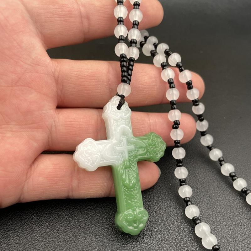 Imitation Green Jade Cross Pendant Necklace Hand-Carved High Quality Non-Irritating Jewelry for All Age Groups Gifting