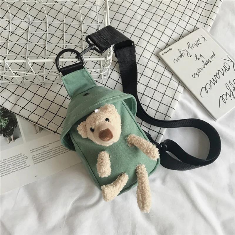 

Детская нагрудная сумка с мультяшным плюшевым медведем, милая холщовая сумка-мессенджер, детская уличная поясная сумка на молнии