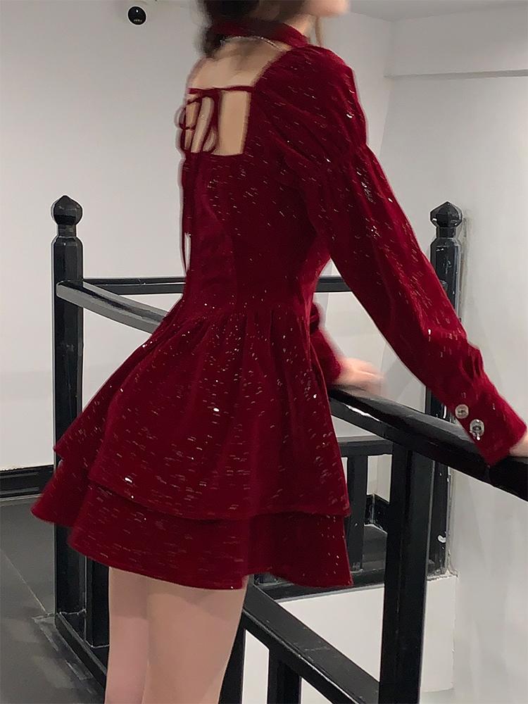 Weihnachtsrot Elegantes Samtkleid Damen Frankreich Designer Vintage Minikleid Weiblich Koreanische Mode Party Y2k Kleid Winter 2026