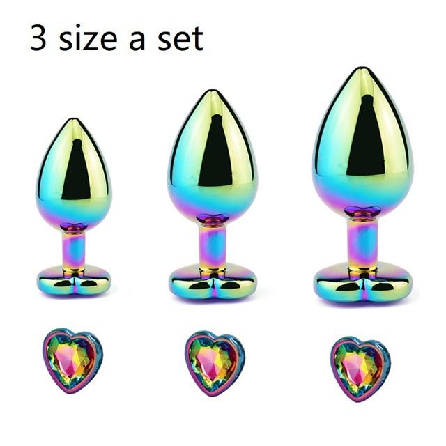 Rainbow Rose Gold Pink Small Medium Size Set Heart Shape Crystal Metal Anal Beads Butt Plug Jewelry Sex Toy for Female Male