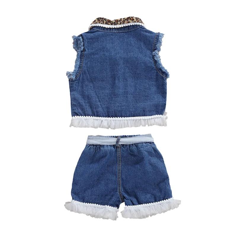 Baby Girls Denim Casual Outfit Sets Sleeveless Leopard Print Denim Leopard Print Denim Shorts Suits Girls