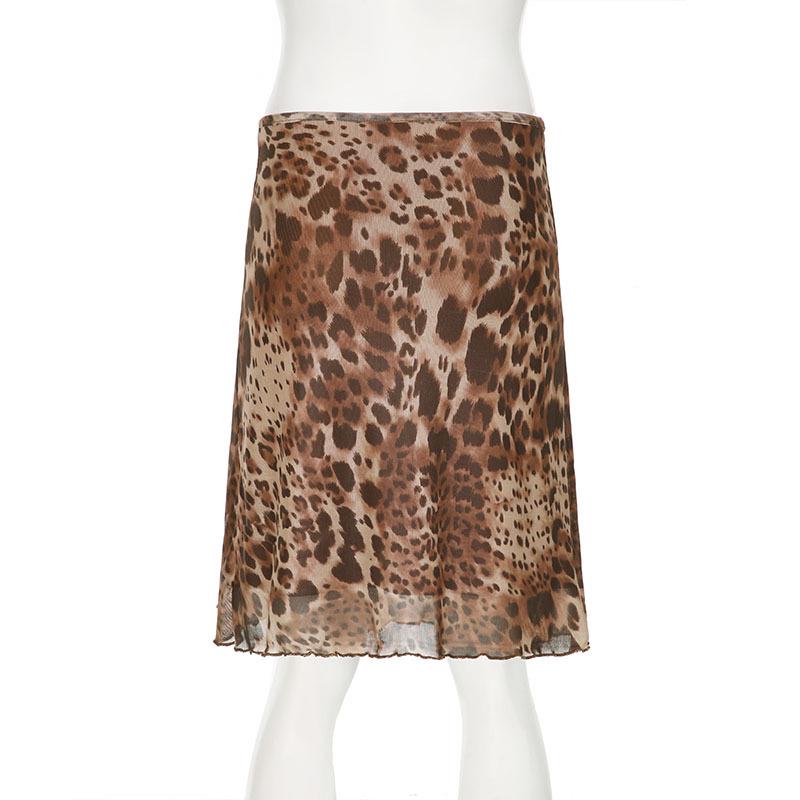 American Retro Leopard Print Mesh High Waist A-Line Skirt