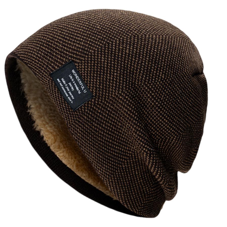 Herren Slouchy Strickmützen Gefütterte Warme Sport-Beanie Lässige Label-Deko Wintermützen