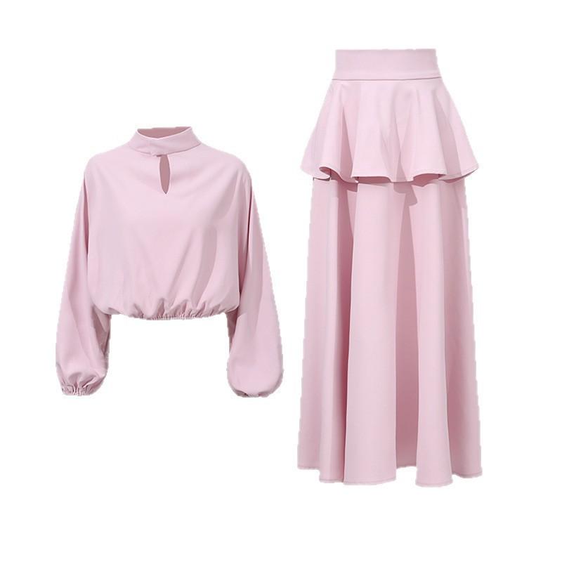 Fashion Brand Suit Pink Loose Long-sleeved Top + Ruffled Skirt Two-piece Set