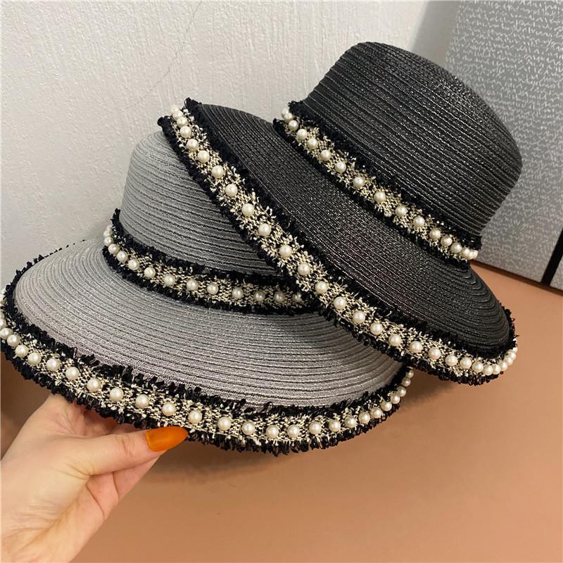 Bonnet Black Lace Lampshade Straw Hat Fashion Tassel Pearl Big Rim Fisherman Hatstandard Mesh Big Eave Straw Hat Tide