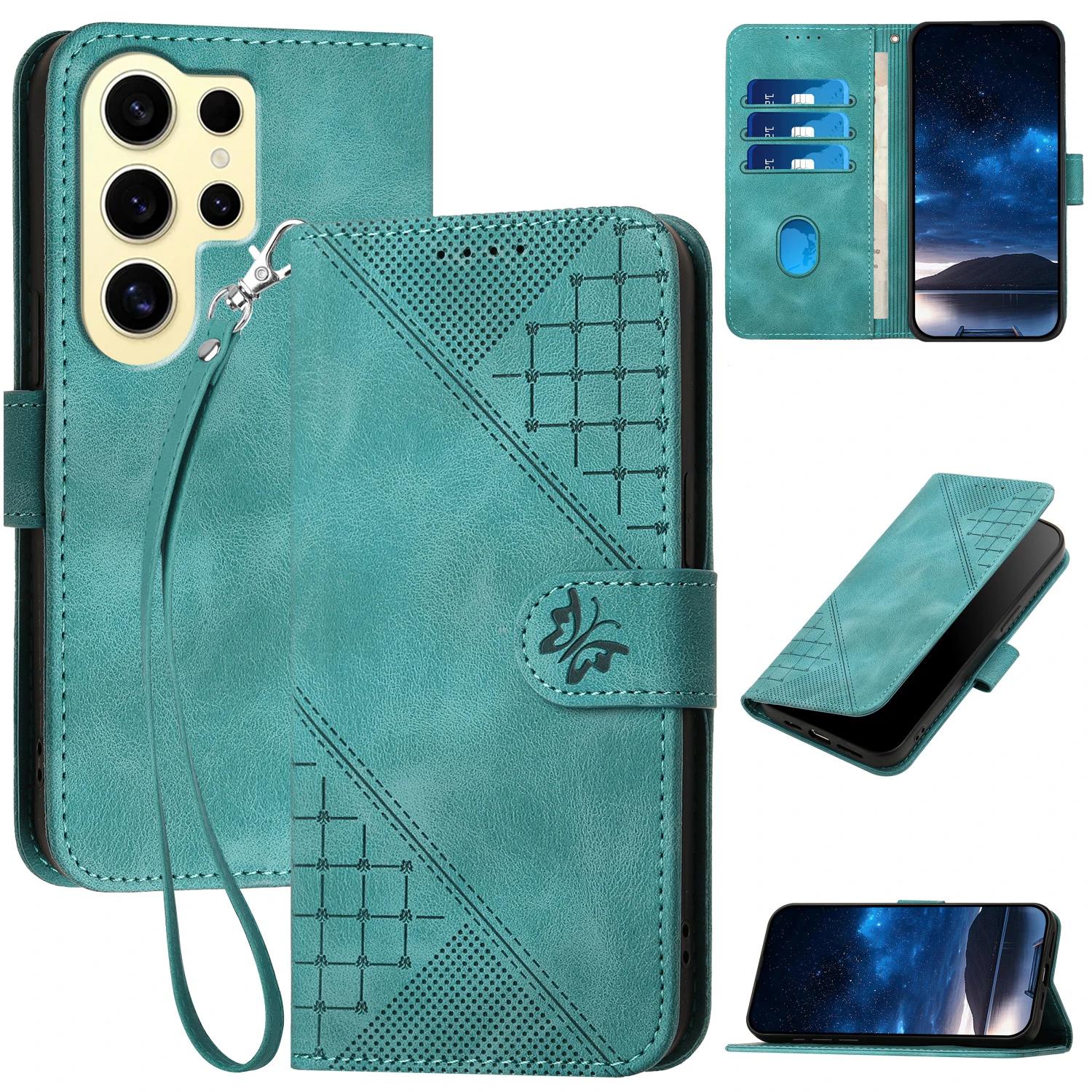 Cards Solt Emboss Butterfly Flip Leather Case For Samsung Galaxy S24 Ultra S23 Plus S22 S21 A55 A15 A35 A54 A14 A24 Bag Cover For Samsung A05S светло-синий