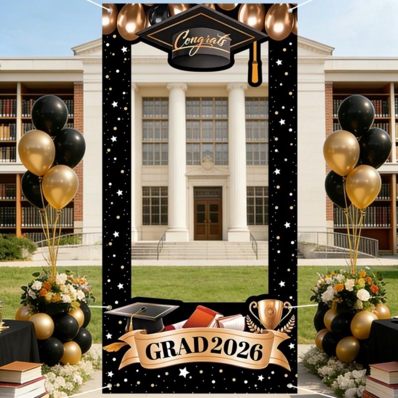 Black Gold Graduation Backdrop 2026 Banners With Star And Balloons Motifs Background For Photo Decorations 60X120CM