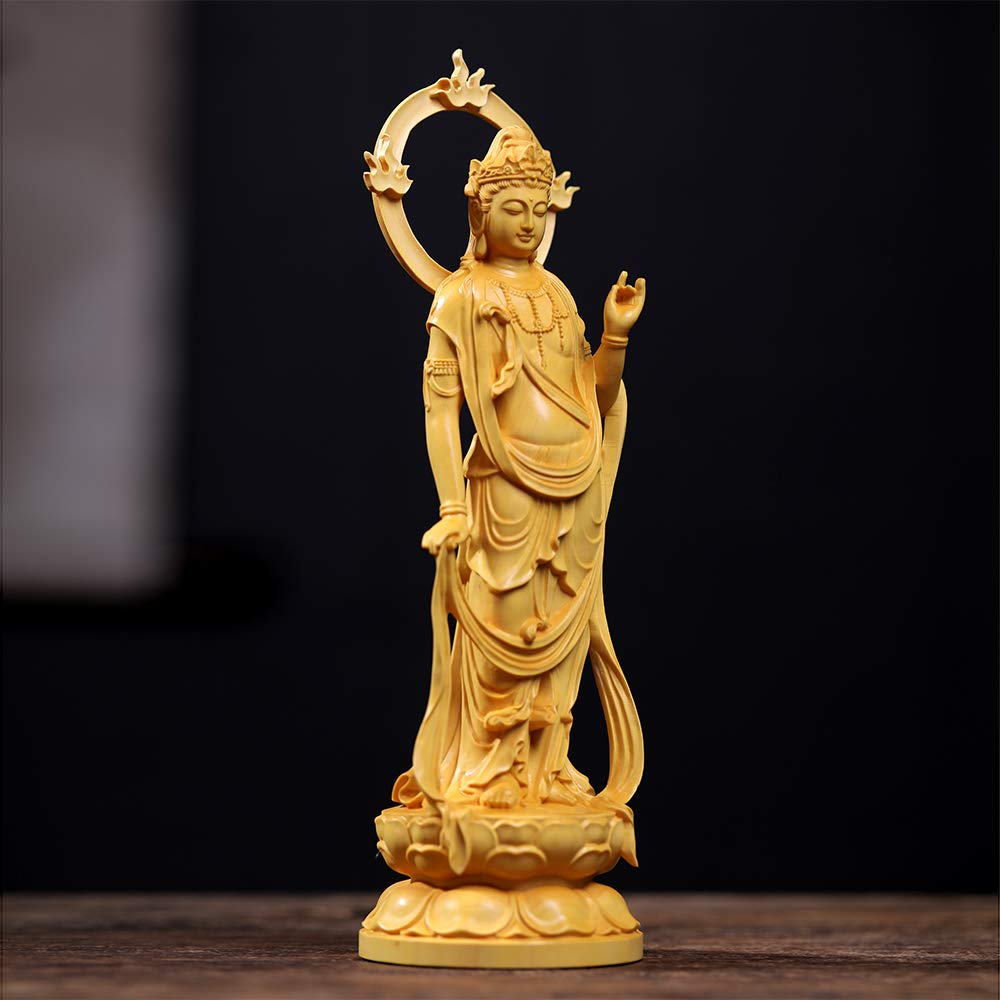FunLo Traditionelle Kunstschnitzerei Buddhistische Statue, Seishi Bodhisattva, Holzschnitzerei, Schutzgottheit, Feng Shui, Viel Glück, Handgeschnitztes Buchsbaum (23cm H x