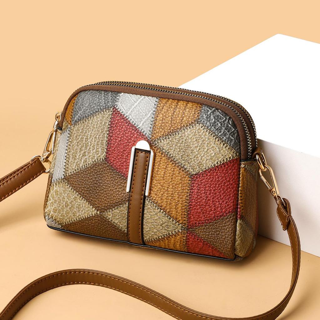 Ethnic Style Colorblock Patchwork Double Zipper Crossbody Bag