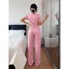 Women Short Sleeve Heart Print Ribbed Long Pants Pajama Set Casual Home Sleepwear
