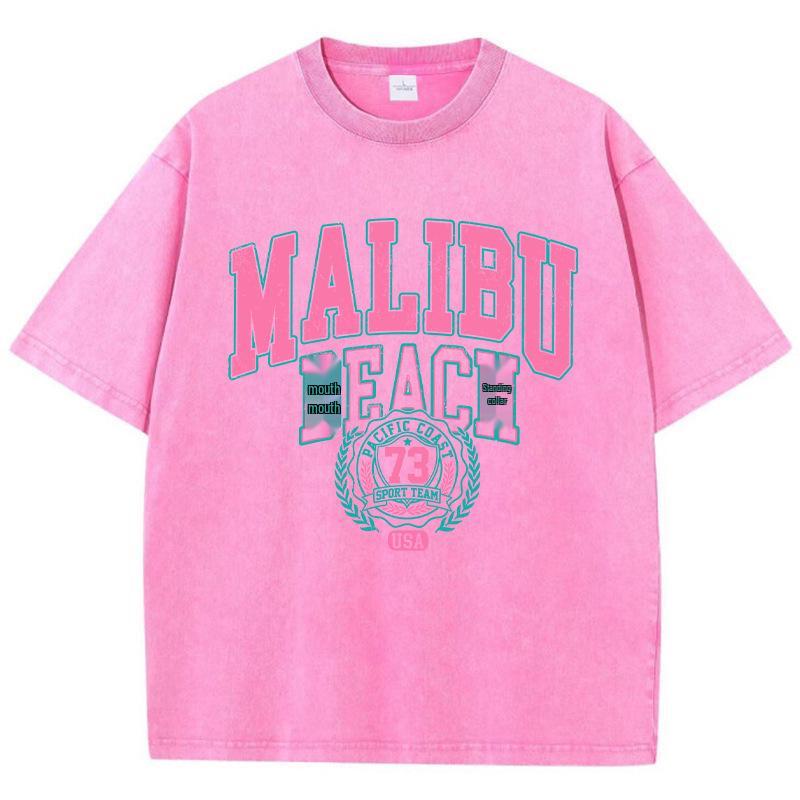 Retro Malibu Beach Print Cotton T-shirt - Fashionable Streetwear Short Sleeve