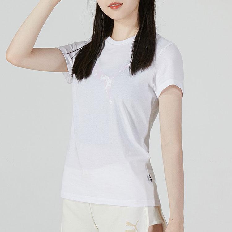 Puma Logo Print Round Neck Short Sleeve T-Shirt Women Tops White 670974-02