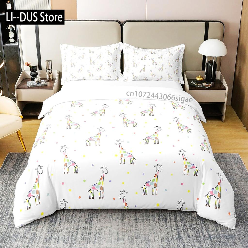 Cute Giraffe Bedding Set Full Size 3pcs with 1 Duvet Cover 2 Pillowcases Animal Bedding Set for Kids Boys Girls Room Decoration