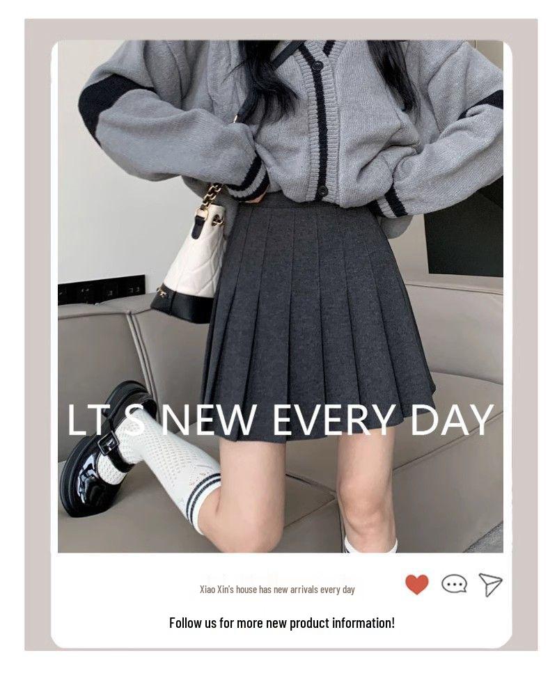 High-Waisted Woolen Pleated Grey Skirt - Autumn/Winter School Style JK Uniform Skirt