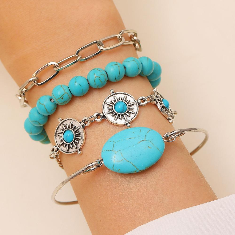 Beads Turquoise Bracelet Set Pearl Bohemian Style Hand Chain  Holiday