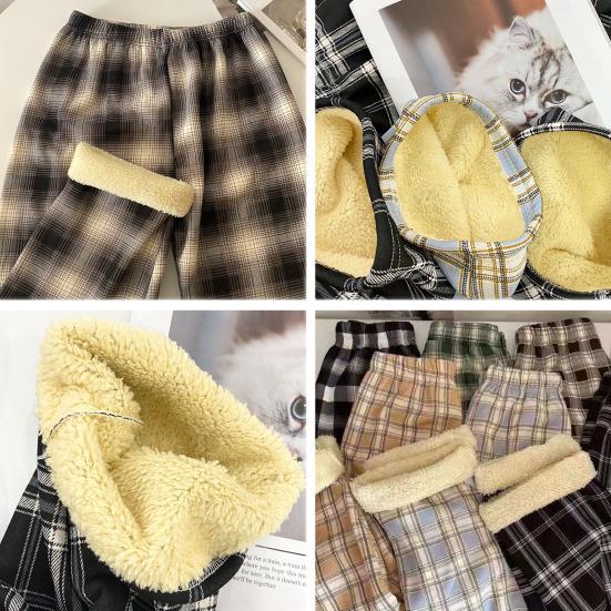 Dámské kalhoty elastický vysoký pas rovný široký kostkovaný potisk Zimní dlouhé kalhoty zesílená sametová podšívka teplé kalhoty