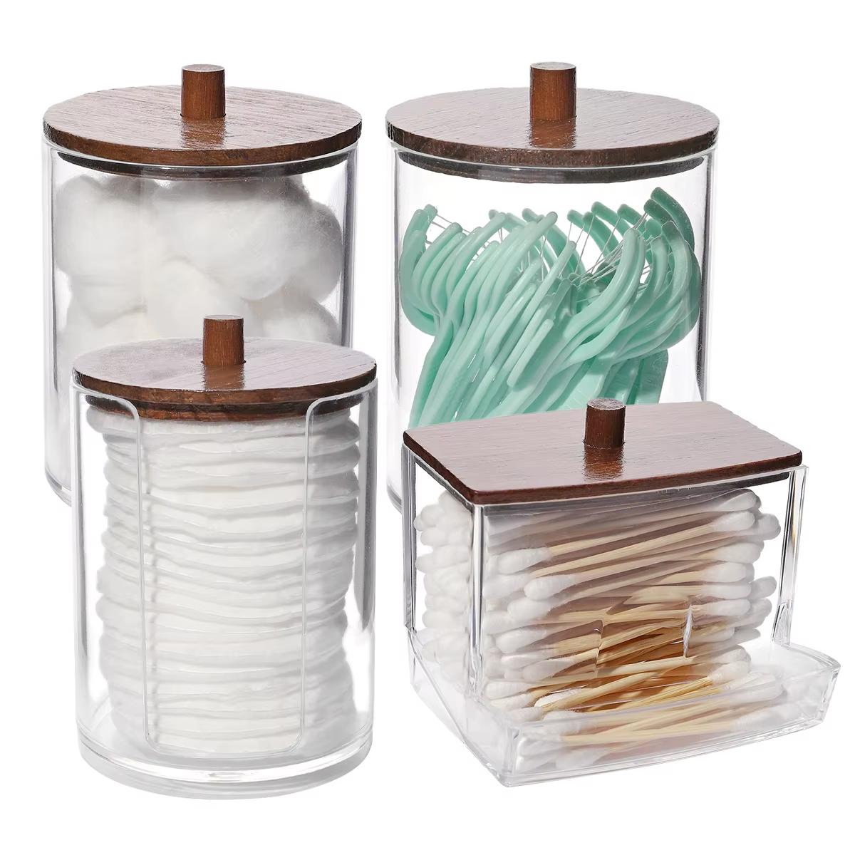 

4pack Cotton Swab Holders,With Walnut Stained Wood Lids Apothecary Jar Containers, Cotton Ball Dressers, Bathroom Organization