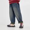 Boys' Vintage American-Style Embroidered Fleece-Lined Denim Harem Pants