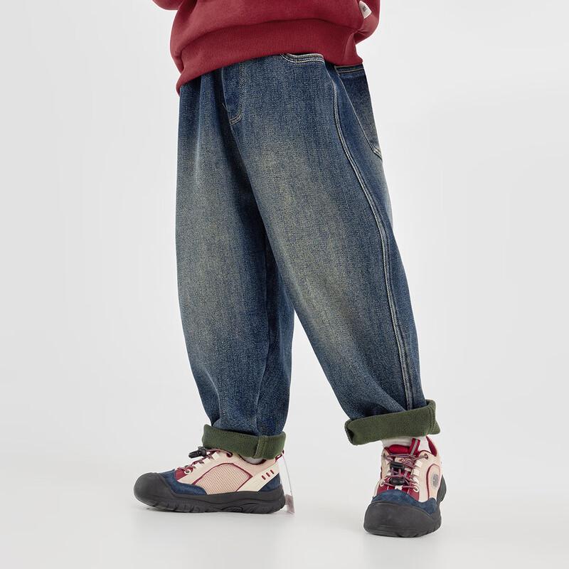 Boys' Vintage American-Style Embroidered Fleece-Lined Denim Harem Pants