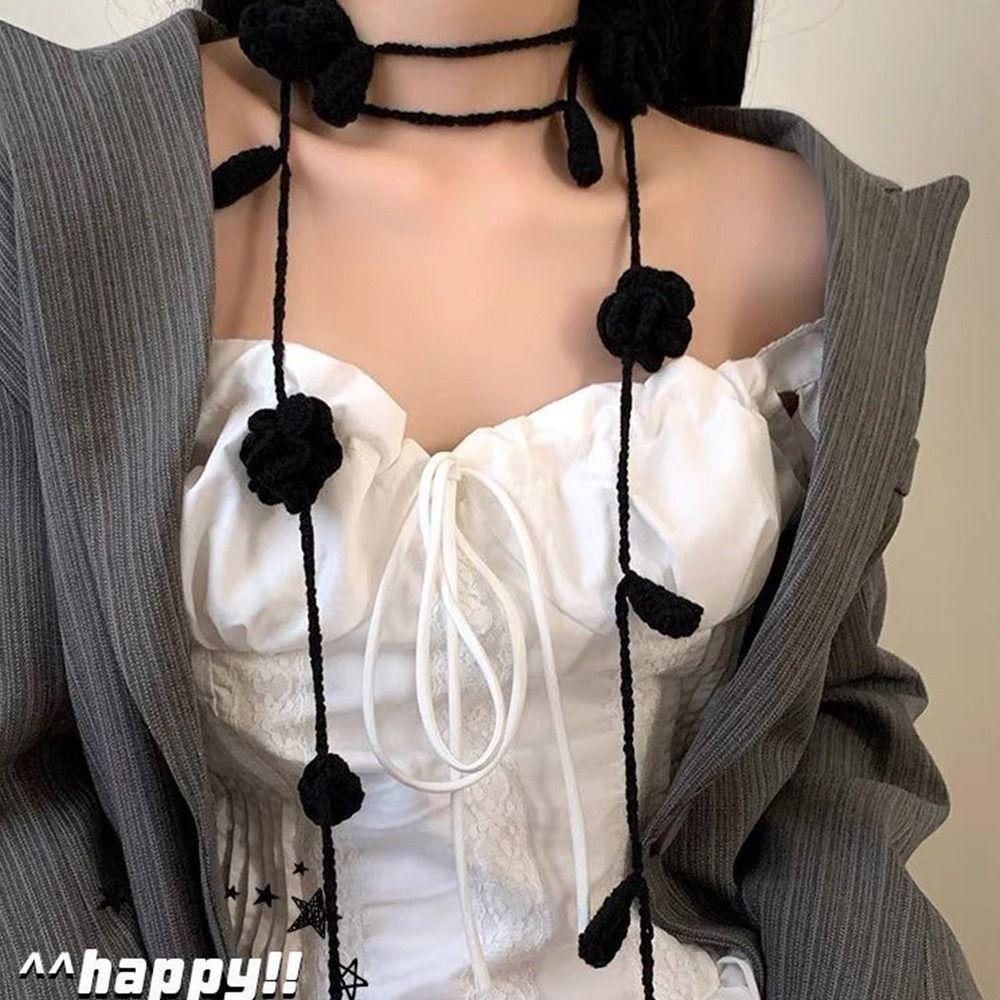 Crocheting Rose Flower Neck Chain Decoration Multicolor Rose Scarf Y2k Rose Necklace Girl