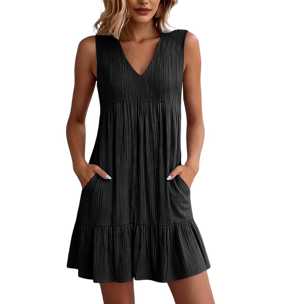 Women V Neck Loose Fit Sleeveless Dress with Pleated Texture and Casual Relaxed for Summer Wear