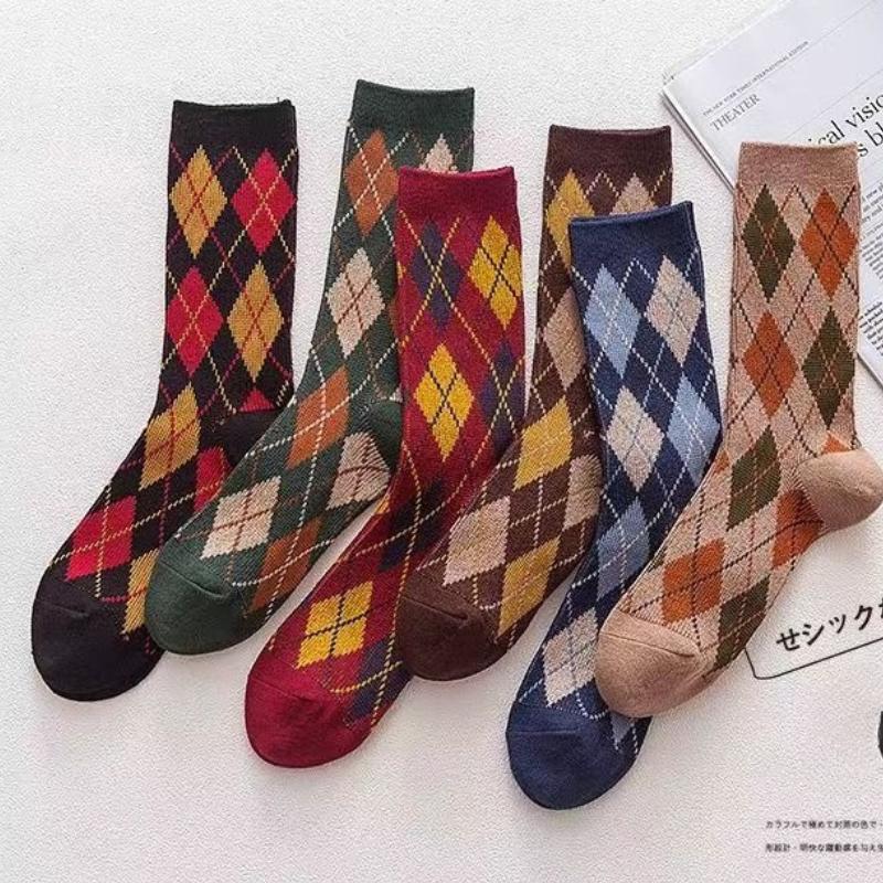 5 Pairs Winter Combed Cotton Socks Thicken Classic Warm Sokken Fashion Design Plaid Check Woman Harajuku Socks