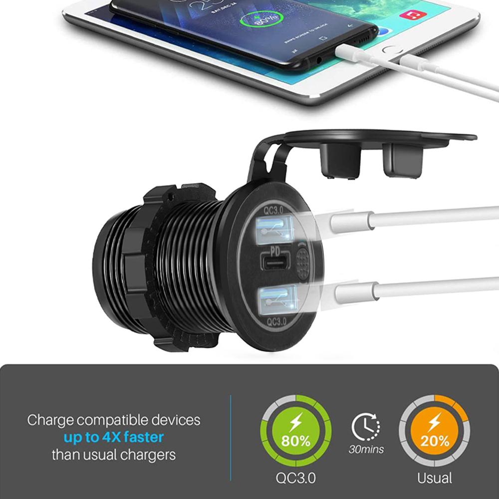 68W Dvojitá zásuvka USB QC 3.0 a Type-C PD Trojitá zásuvka 12-24V Nabíječka do auta s dotykovým spínačem Vodotěsná pro auto Loď Mořské RV