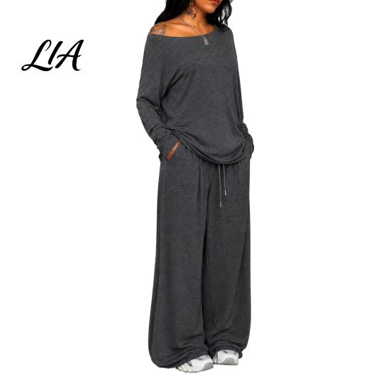 Solid Color Matching Sets Women Sweatshirt Pants 2-Piece Set, Off Shoulder Long Sleeve Top & Lounge Set Wide Leg Trousers, for Spring Autumn Two