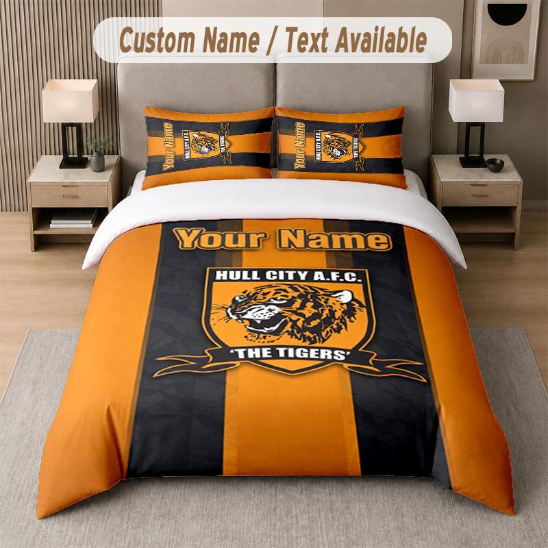 Set Biancheria da Letto Personalizzato Modello Hull FC, Stampa Nome Testo 1 Copripiumino più 2 Federe Tessile per la Casa