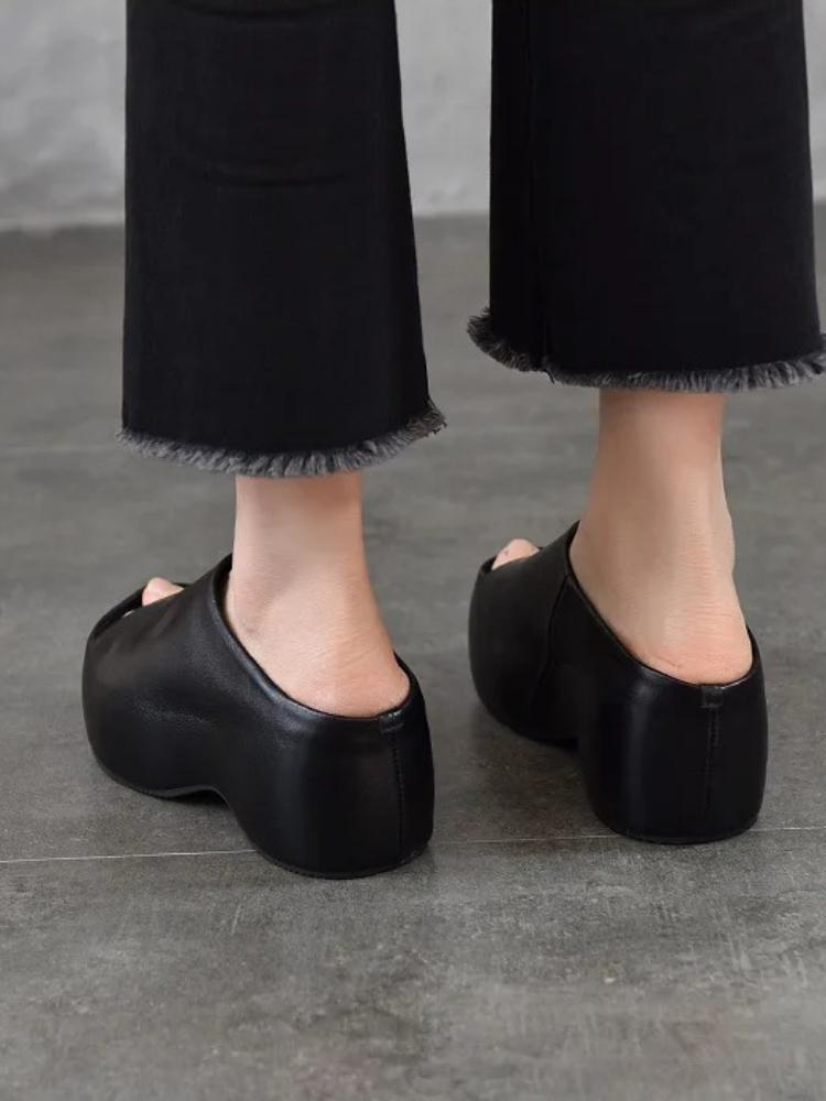 Johnature Genuine Leather Lightweight Thick Soled Peep Toe Slippers Versatile Wedge Heel Women's Slip-on Shoes