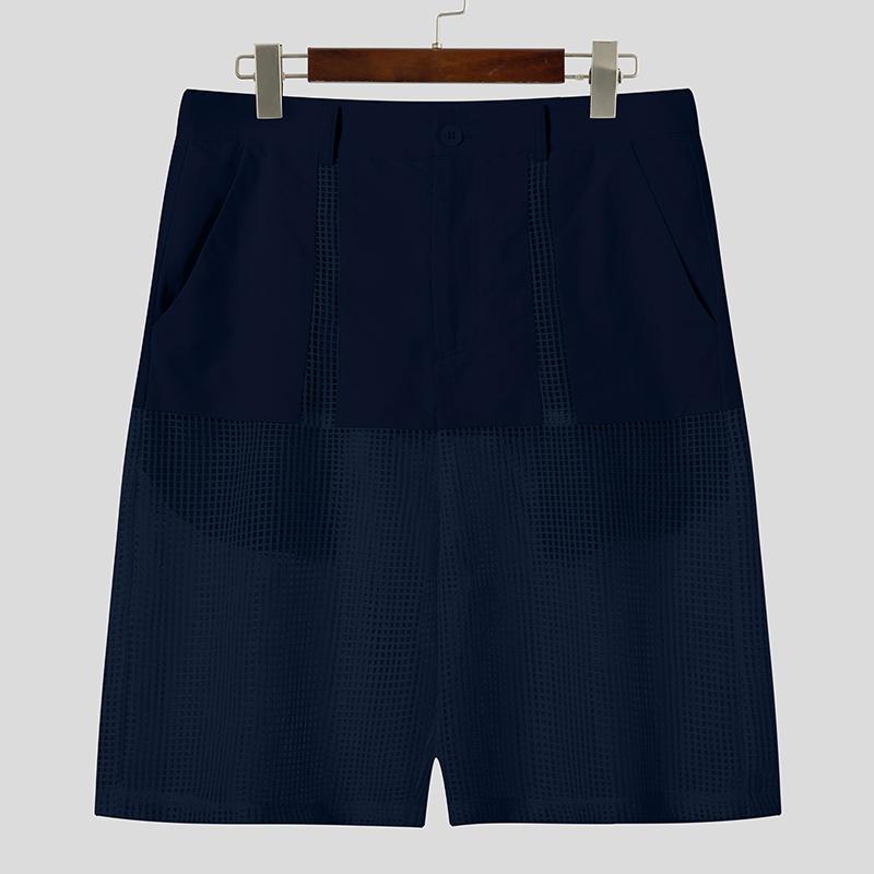 INCERUN Men Zip-up Waist Mesh Sheer Patchwork Hollow Pants Shorts Home Wear