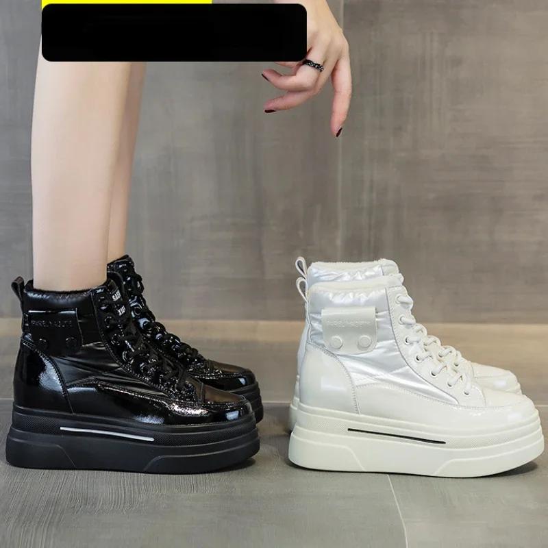 Fashion New 7.5cm Down Genuine Leather Women Ankle Booties Platform Wedge Hidden Heels Warm Women Autumn Spring Casual Boots Shoes