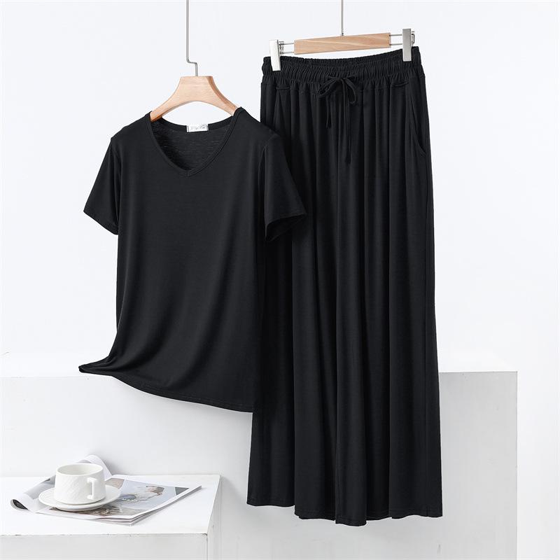 

Модальная футболка с V-образным вырезом и короткими рукавами и комплект брюк широкого кроя - Летняя пижама свободного кроя большого размера для женщин Extra Large