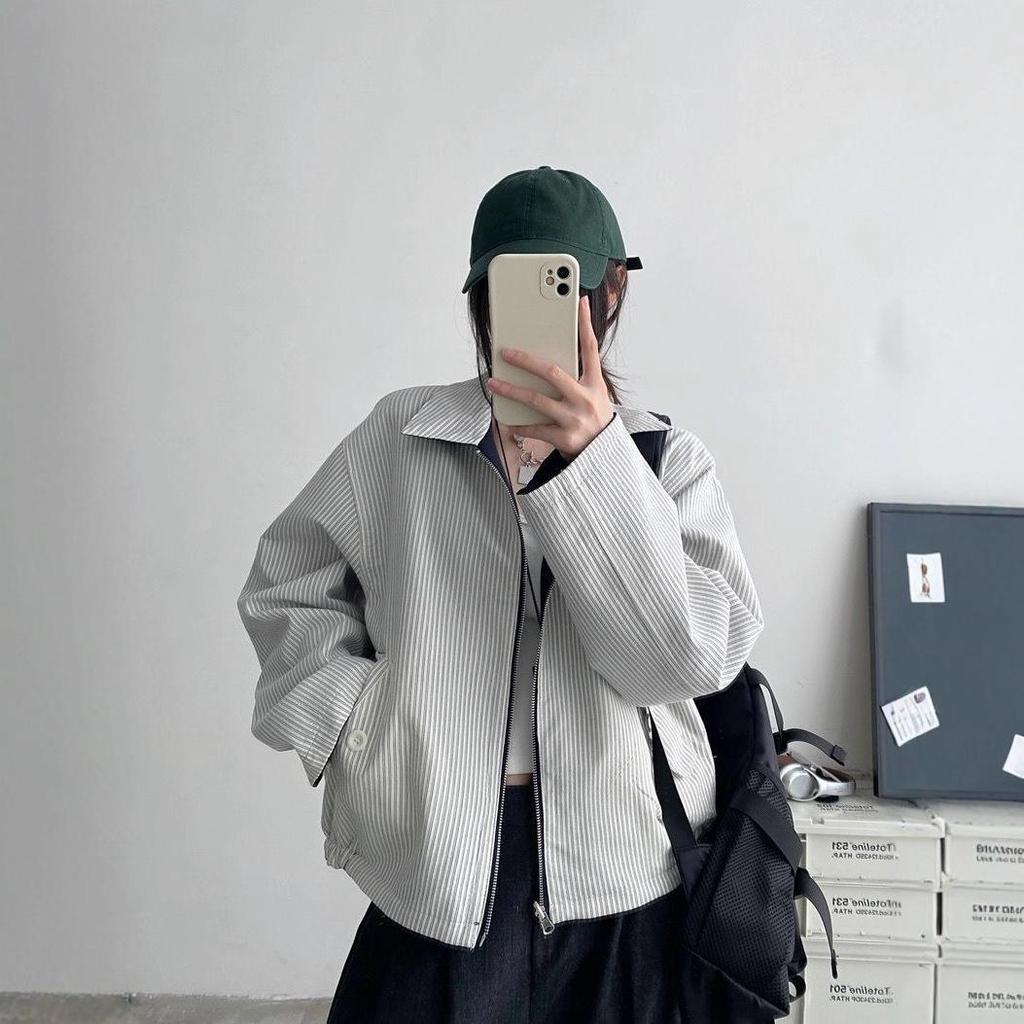 Retro Striped Reversible Jacket - Turn-Down Collar, Loose Casual Fit for Spring & Autumn 2025