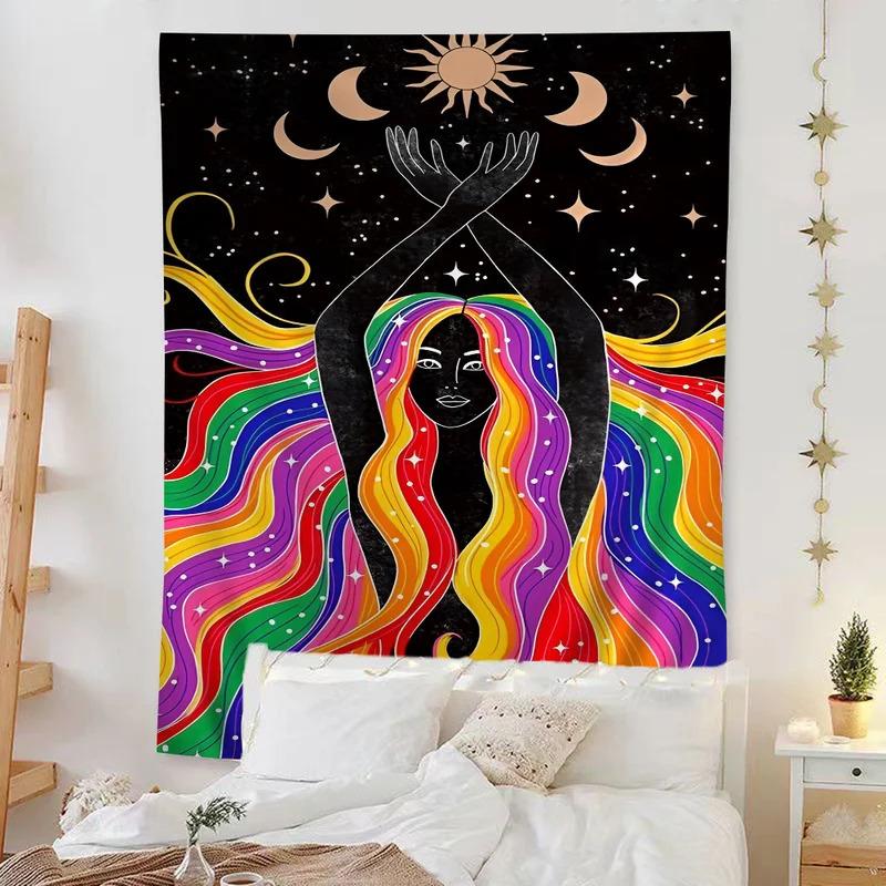 VIKAMA Vintage Bohemian Psychedelic 70s Tapestry Tarot Hippie Wall Decor Tapestry Home Room Decoration