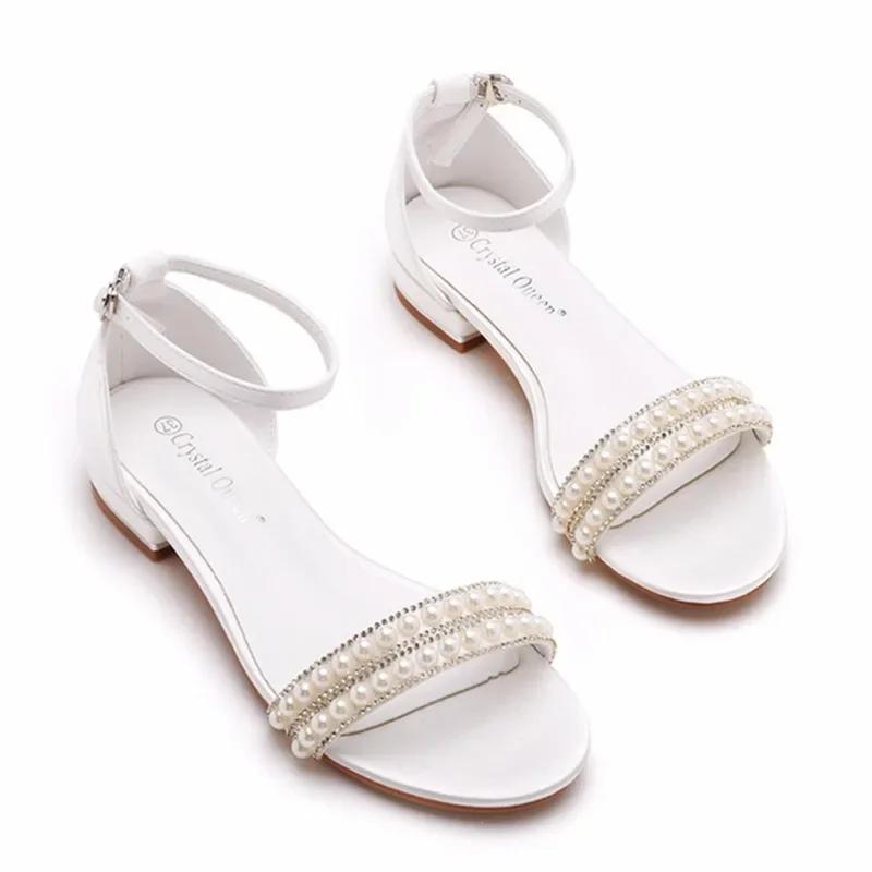 Women Sandals Fashion Sandalias String Bead Silk 2CM Flat Heels Buckle Strap Pearl Women's Shoes Casual White Modern Sandals