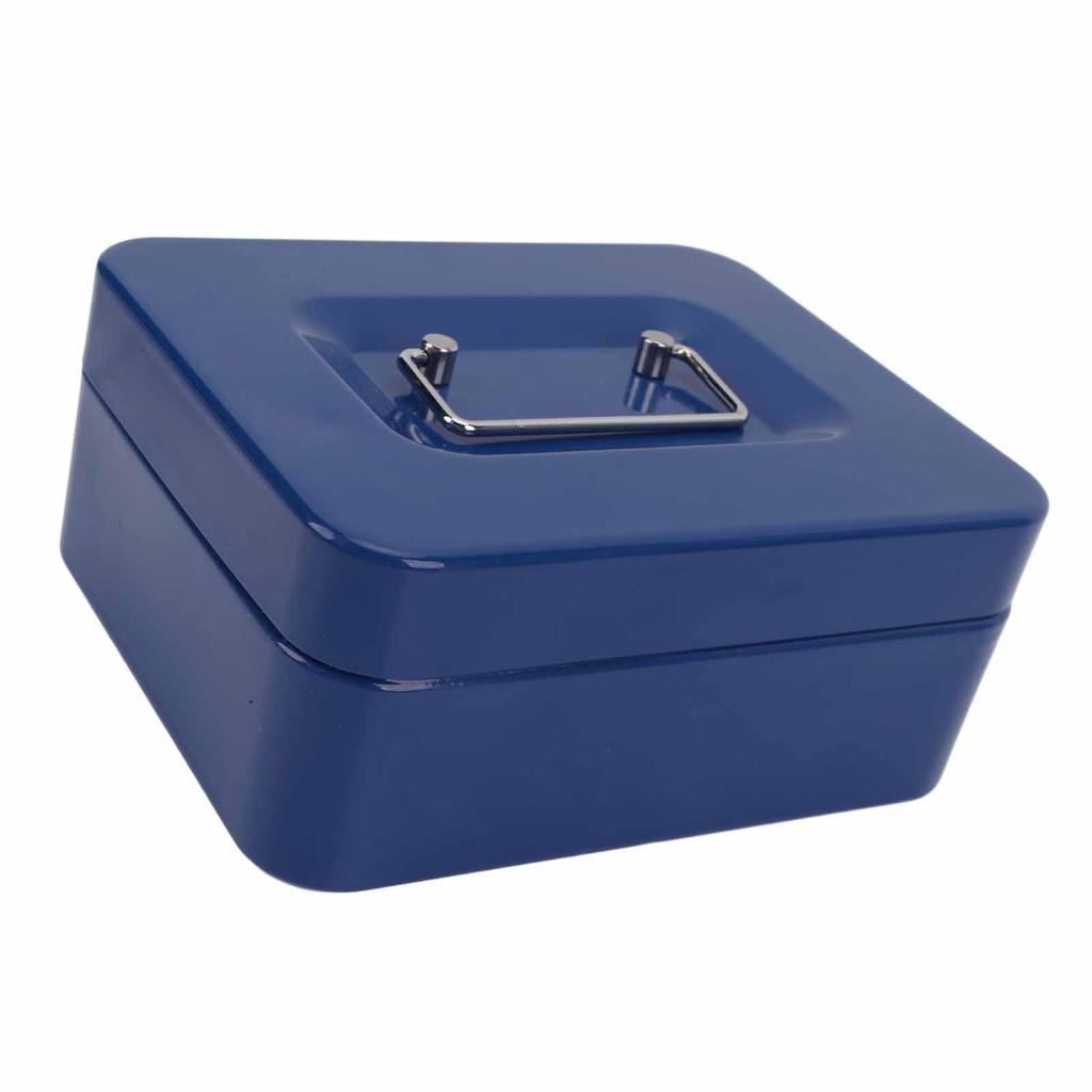 Liten låsbar kontantboks Bærbar dobbeltlags sikker metallpengekasse for hjem og kontor Blå