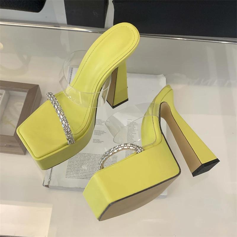 Eilyken Summer PVC Transparent Square Toe Platform Woman Slippers Crystal Thick High Heels Slides Shoes