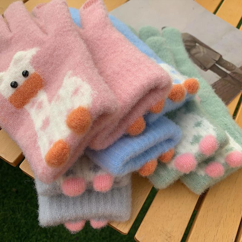 Cartoon Thermal Gloves Women Winter Thickened Cute Couple Student Cold Knitted Wool Riding Five Fingers