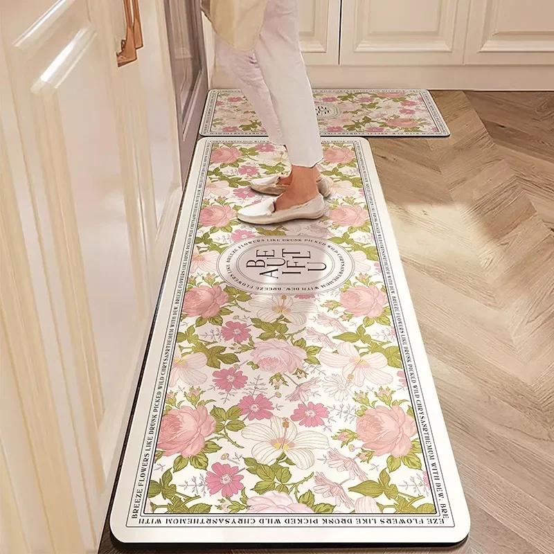Kitchen Floor Mat Absorbent Carpet Diatom Mud Non-slip Foot Mats Sweet Flower Pastoral Home Decoration Rug Shower Area Toilet