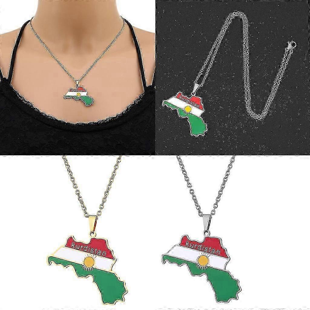 Men Gold Silver Kurdistan Flag Map Pendants Necklace Stainless Steel Jewelry