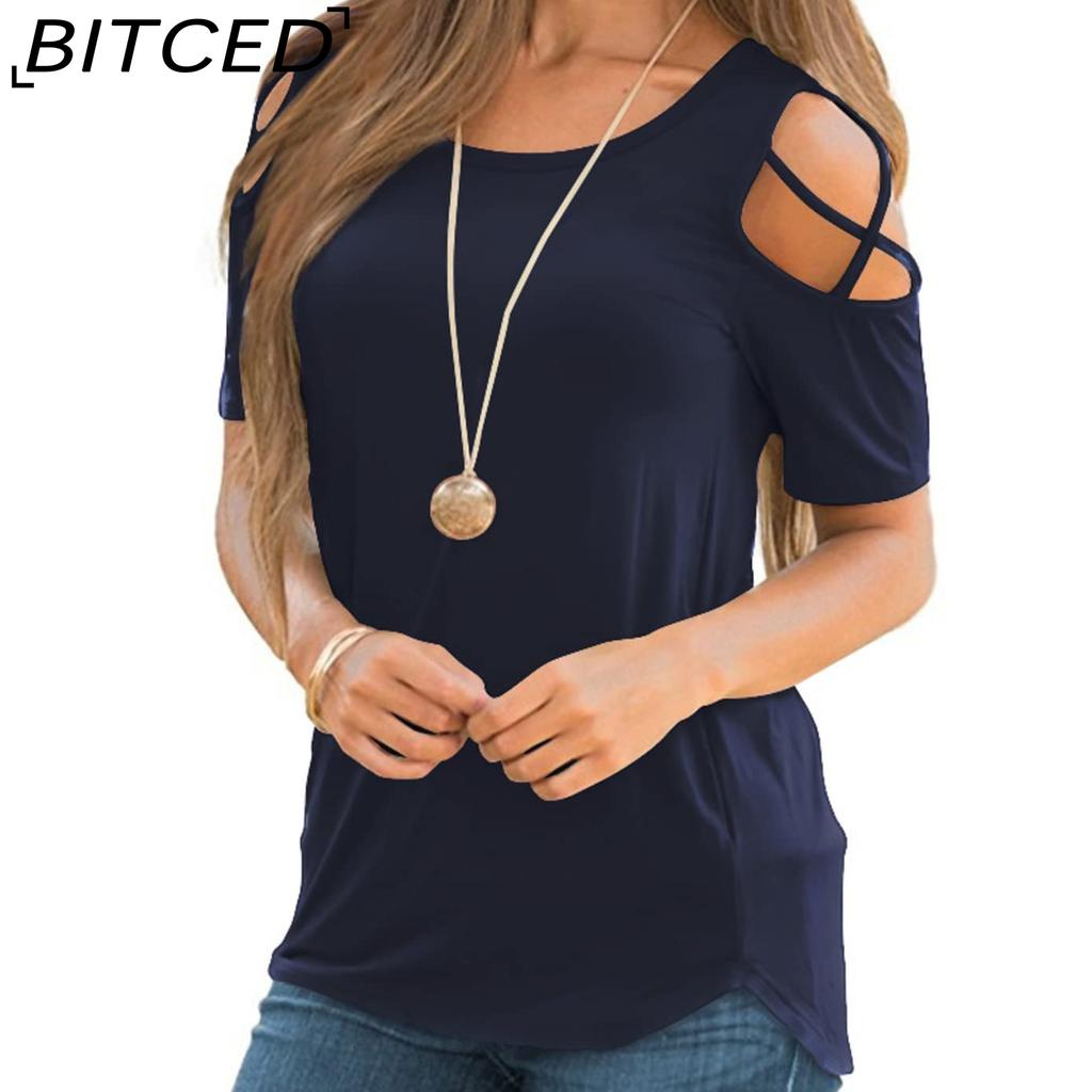 BITCED Women's T-shirt Women's Pullover Off-the-shoulder Loose Solid Color Loose Women's T-shirt
