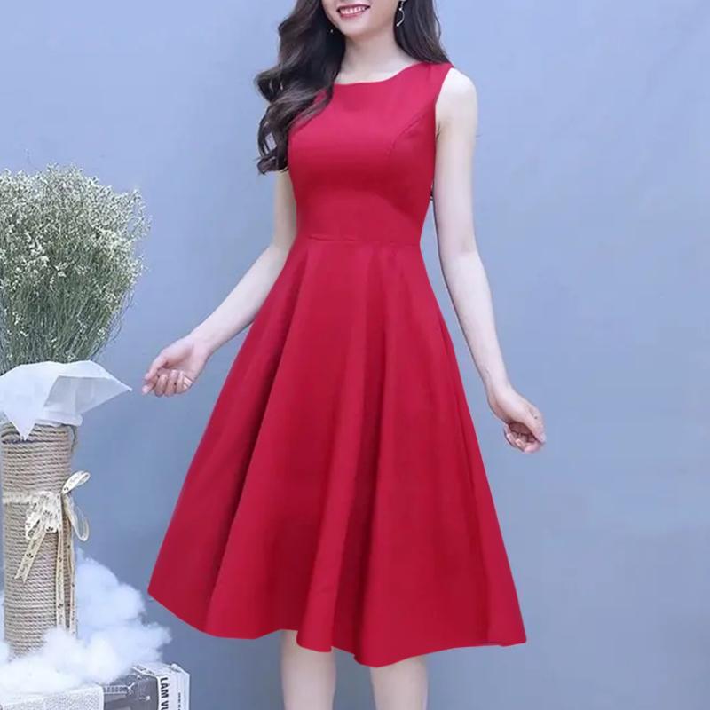 

ZANZEA женское летнее повседневное однотонное платье без рукавов с круглым вырезом и талией L вино красного