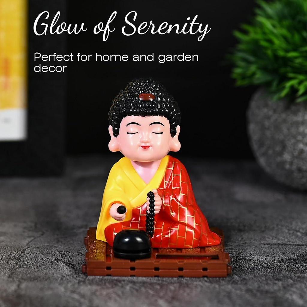 Solar-Powered Moving Head Buddha Monk Statue – Feng Shui Good Fortune Ornament for Car Dashboard, Home and Office