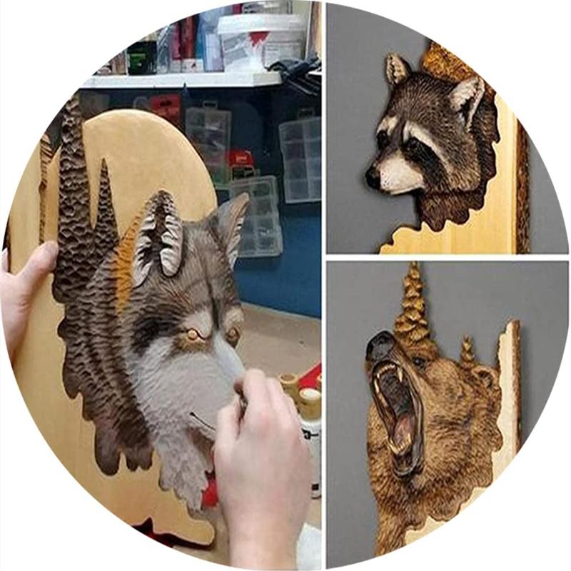 New Flat Animal Handcraft Wall Hanging Sculpture Wooden Raccoon Bear Deer Wolf Fox Hand Painted Decoration for Home Living Room