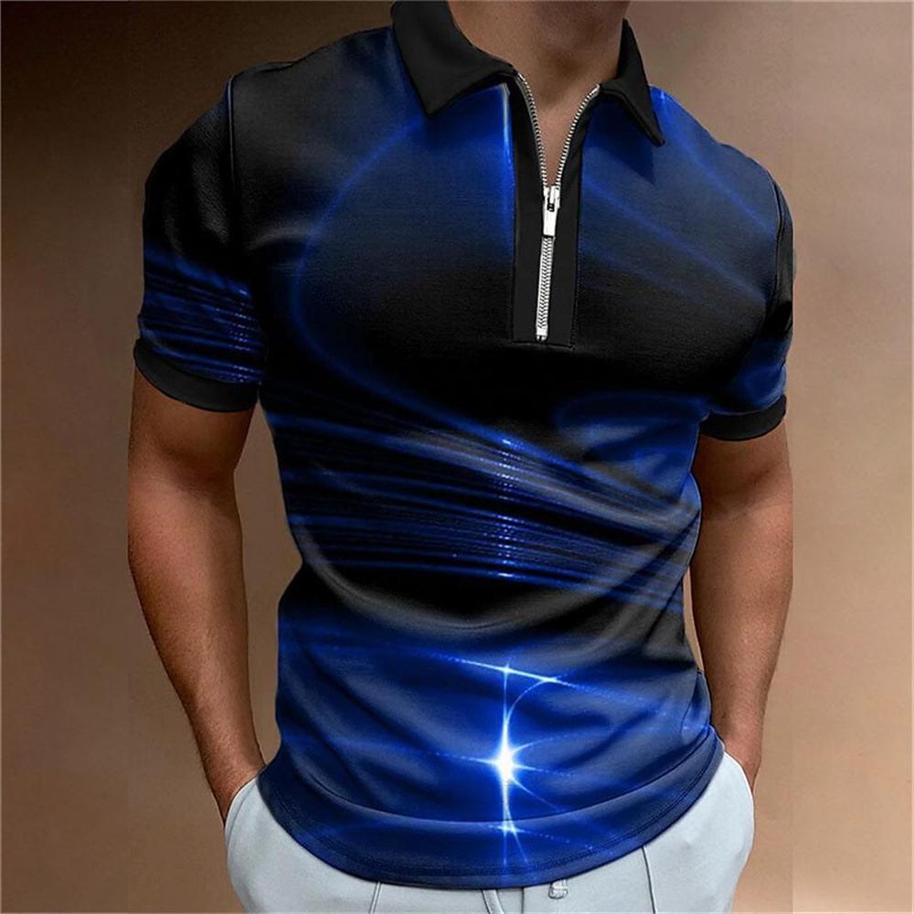 Men's Zip-up Short Sleeve Polo Shirt, Stylish Abstract Design, Casual Essential