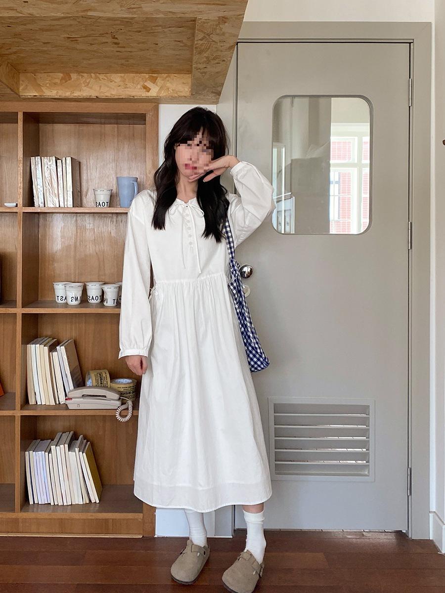 

Milk Rabbit Planet - Handmade Pleated Long Sleeve White Dress for Women, Spring & Autumn L