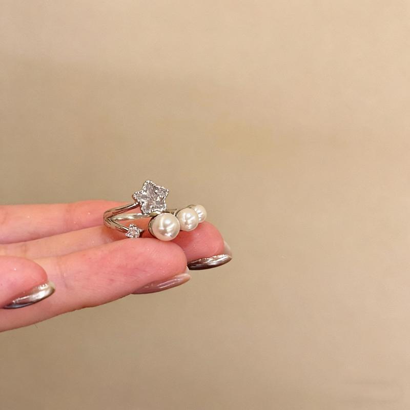 Shiny Pentagram Heart Zircon Open Rings For Women Shiny Imitation Pearl Cluster Index Finger Ring Fashion Dating Jewelry